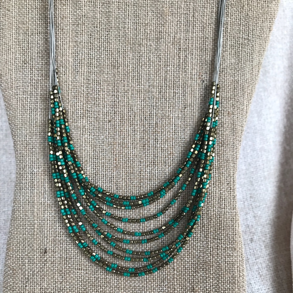 Multi-Row Turquoise and Bronze Gold Necklace